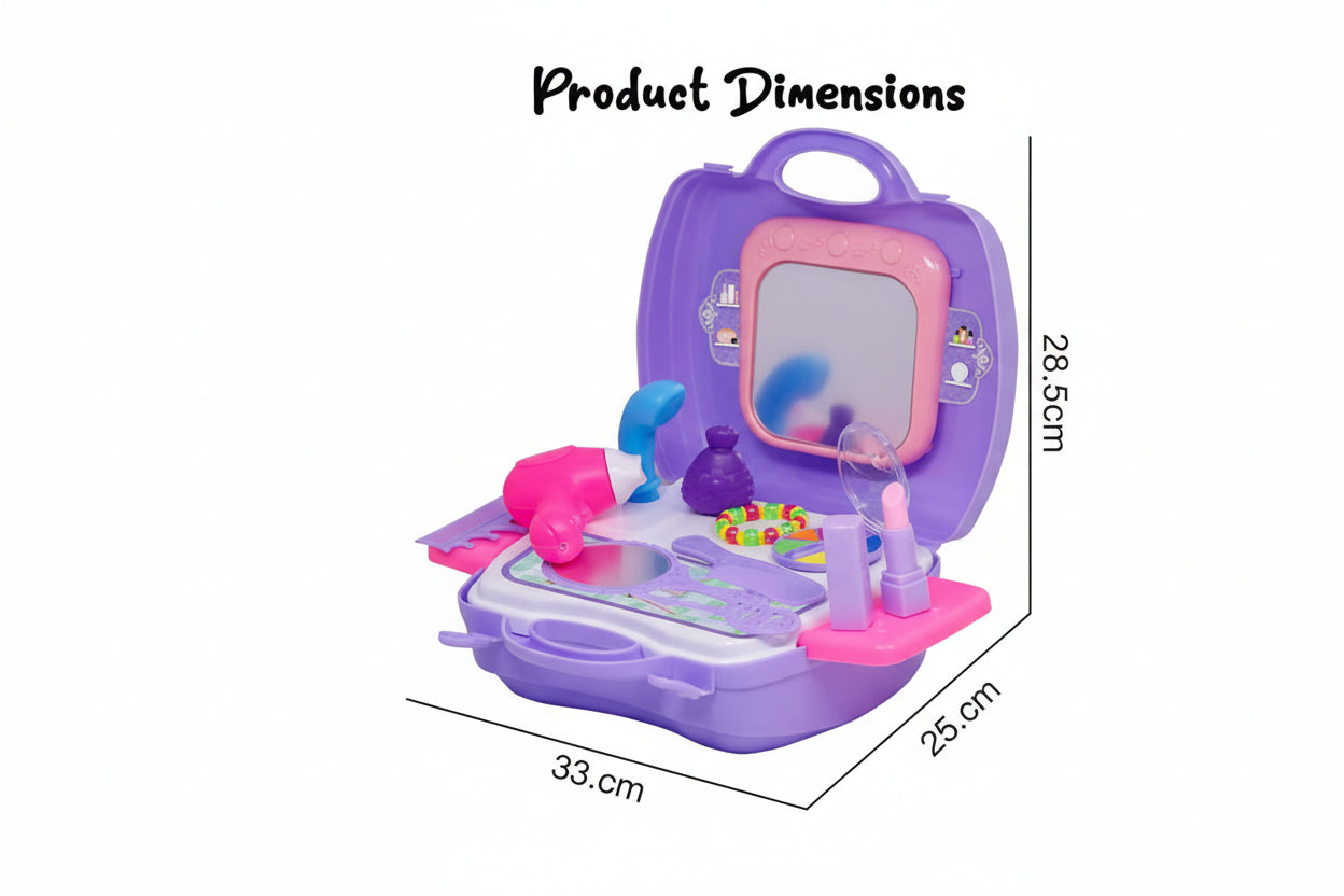 Children's toy makeup set with mirror and tools, shown with product dimensions on a white background.