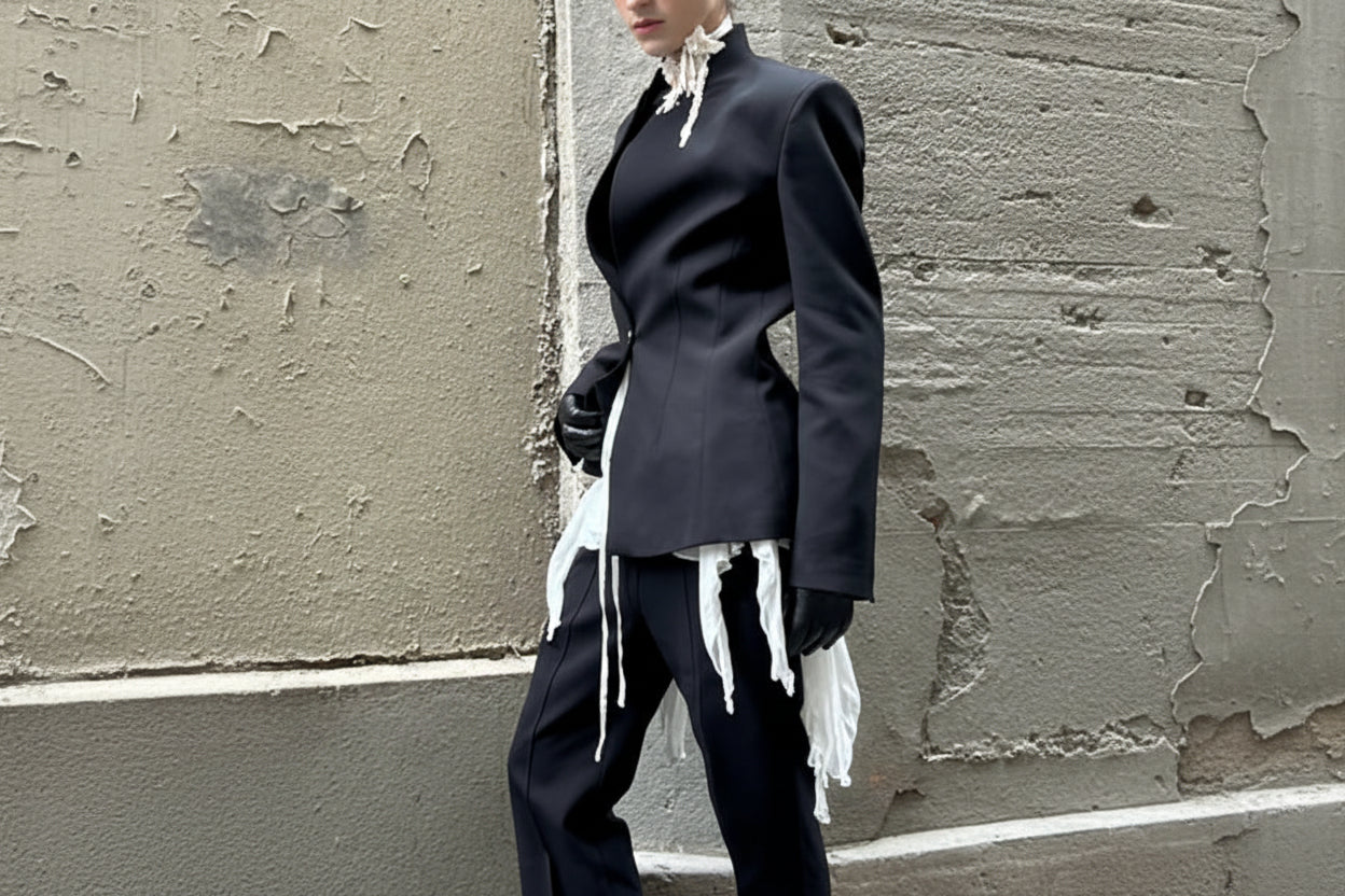 Person wearing a black outfit with white accents against a gray wall.