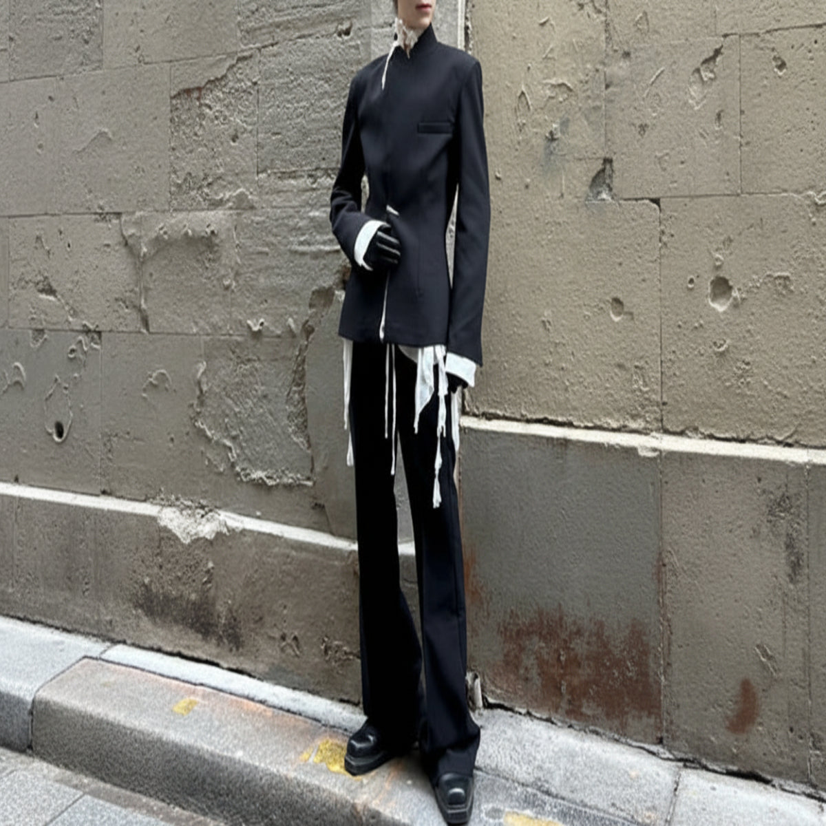 Person wearing a black outfit with white accents against a textured wall.
