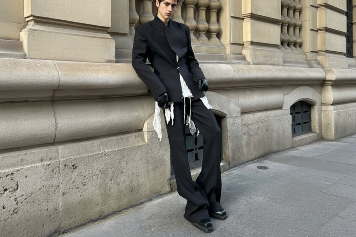 Person wearing a black outfit with white accents against a stone building background
