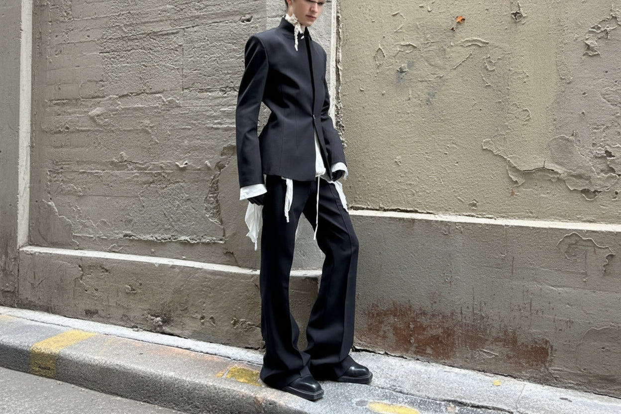 Person wearing a black suit with white accents against a textured wall.