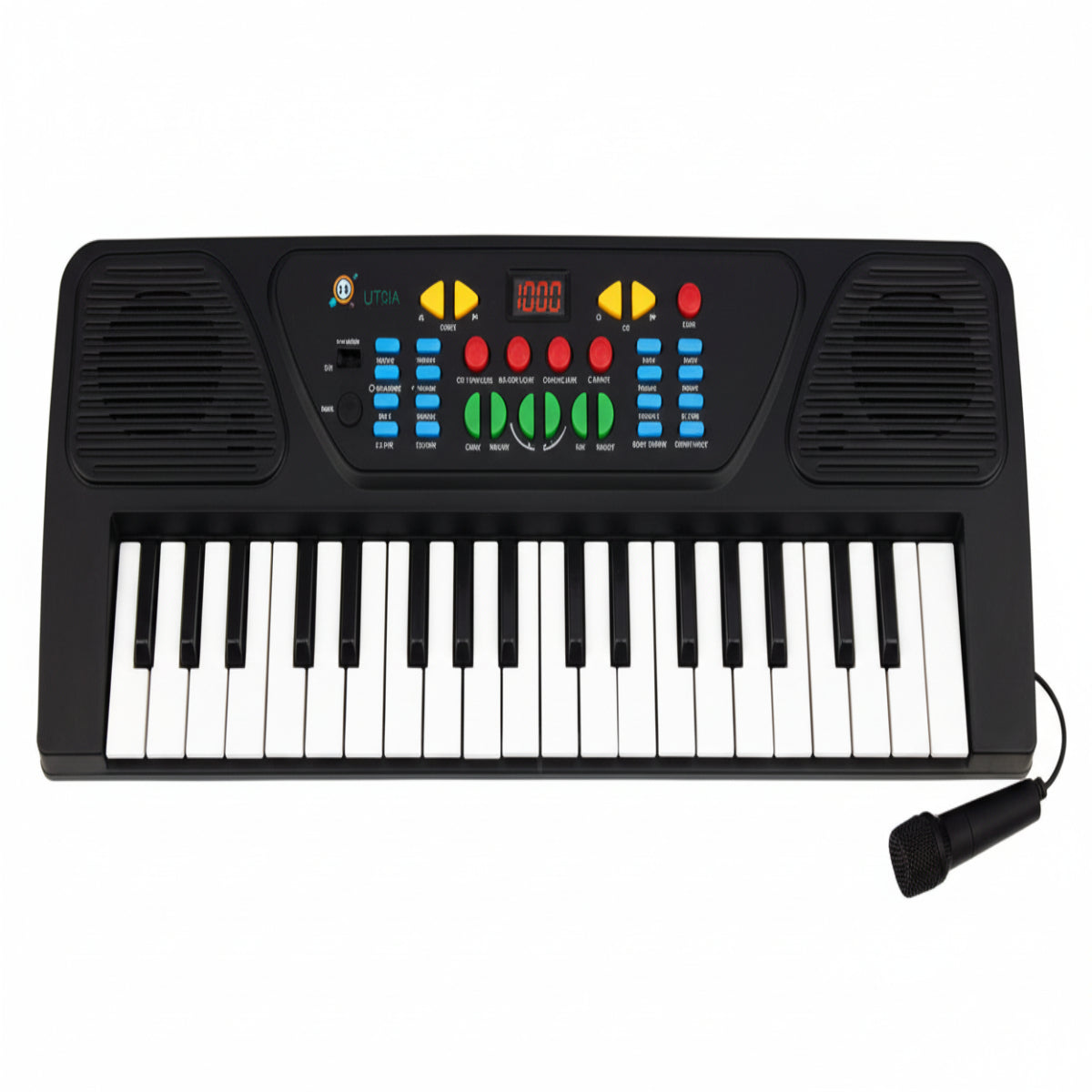 Black electronic keyboard with keys and control panel on a white background
