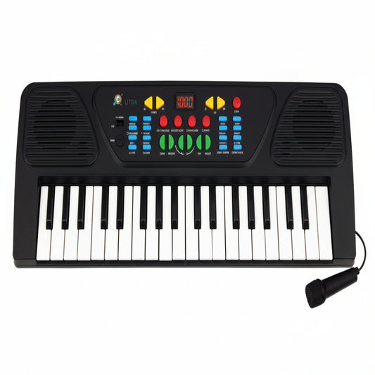 Black electronic keyboard with keys and control panel on a white background
