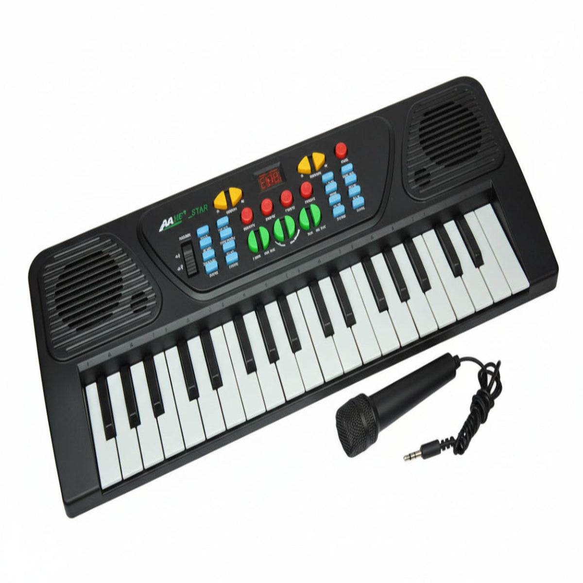 Black electronic keyboard with keys and display on a white background