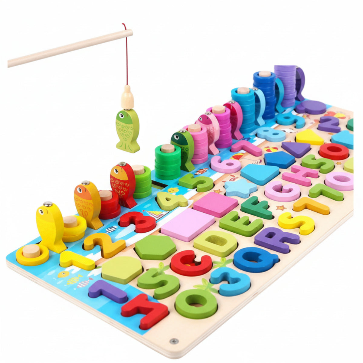 Colorful fishing game with magnetic letters and numbers on a white background