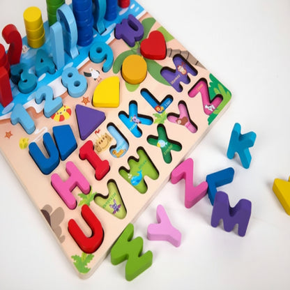 Colorful wooden alphabet puzzle with letters and shapes on a white background