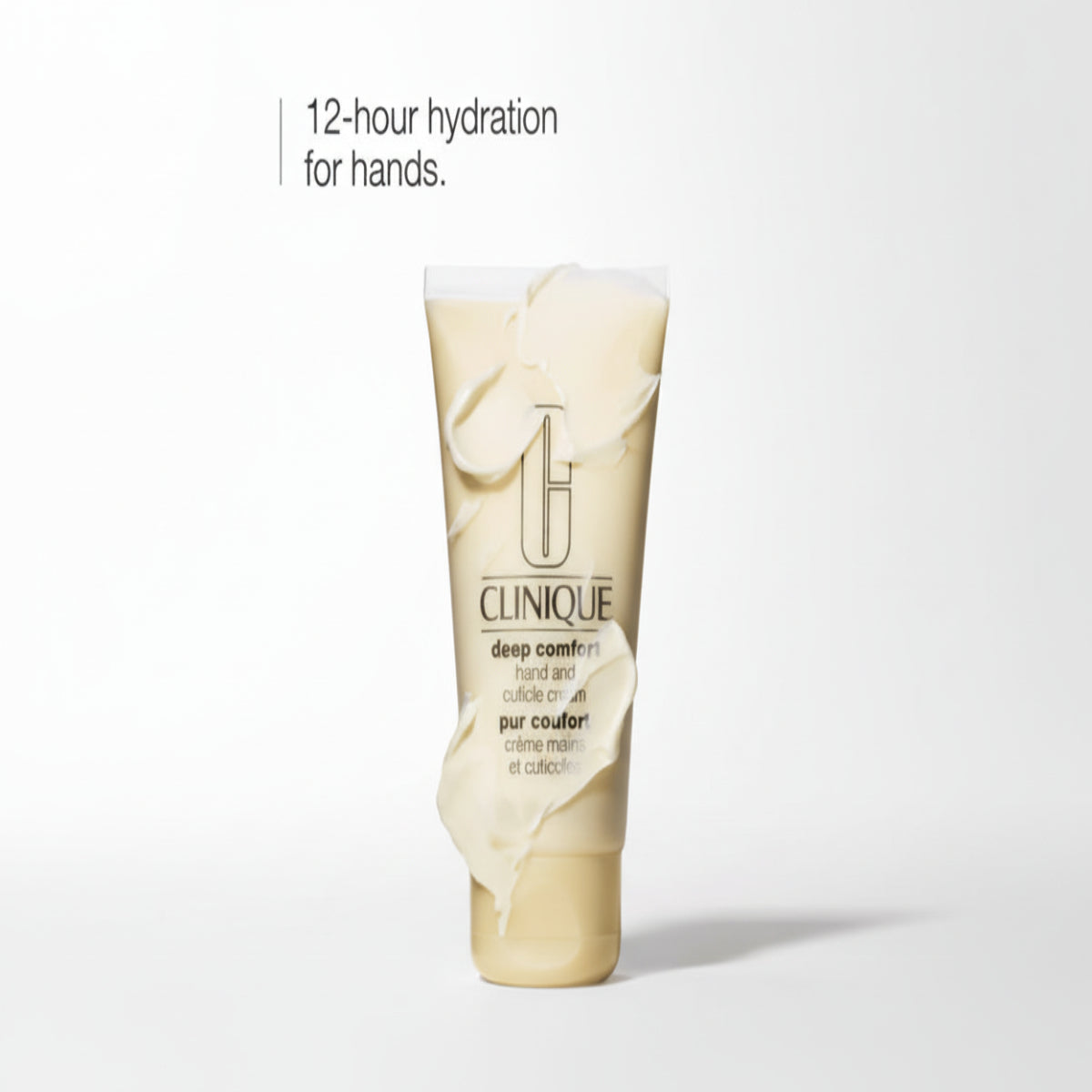 Clinique hand cream tube with text about 12-hour hydration on a white background