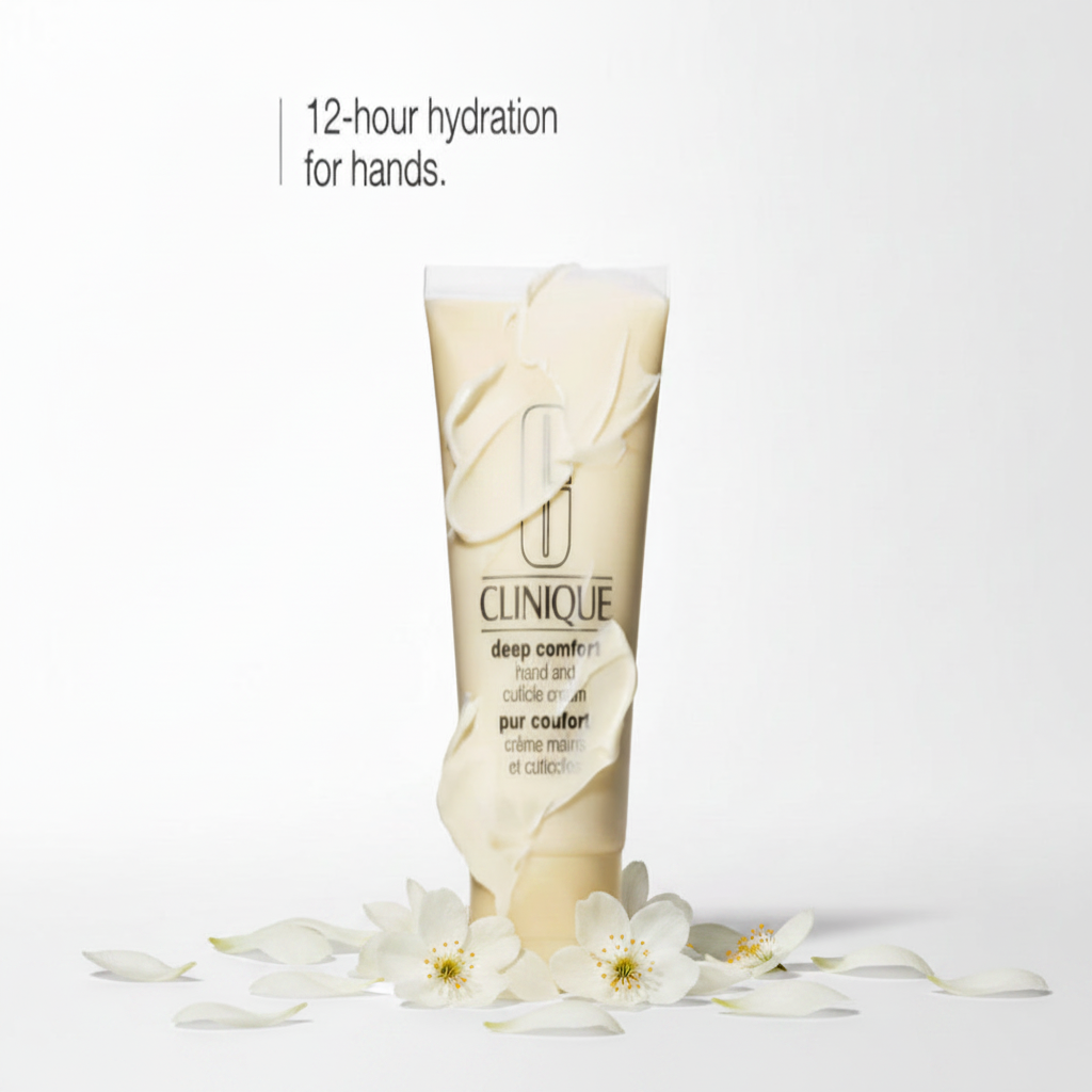 Clinique hand cream tube with flowers on a white background