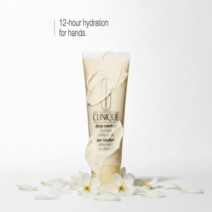 Clinique hand cream tube with flowers on a white background