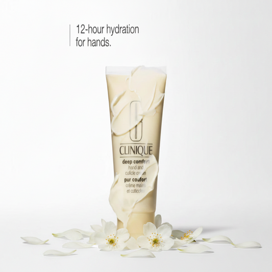 Clinique hand cream tube with flowers on a white background