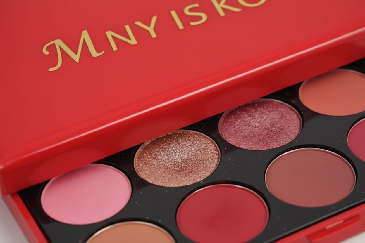 Makeup palette with colorful shades and 'MY IS KO' branding on a red background