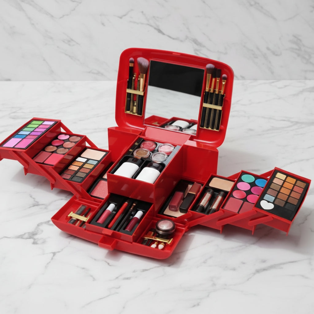 Red makeup set with various cosmetic items on a marble surface