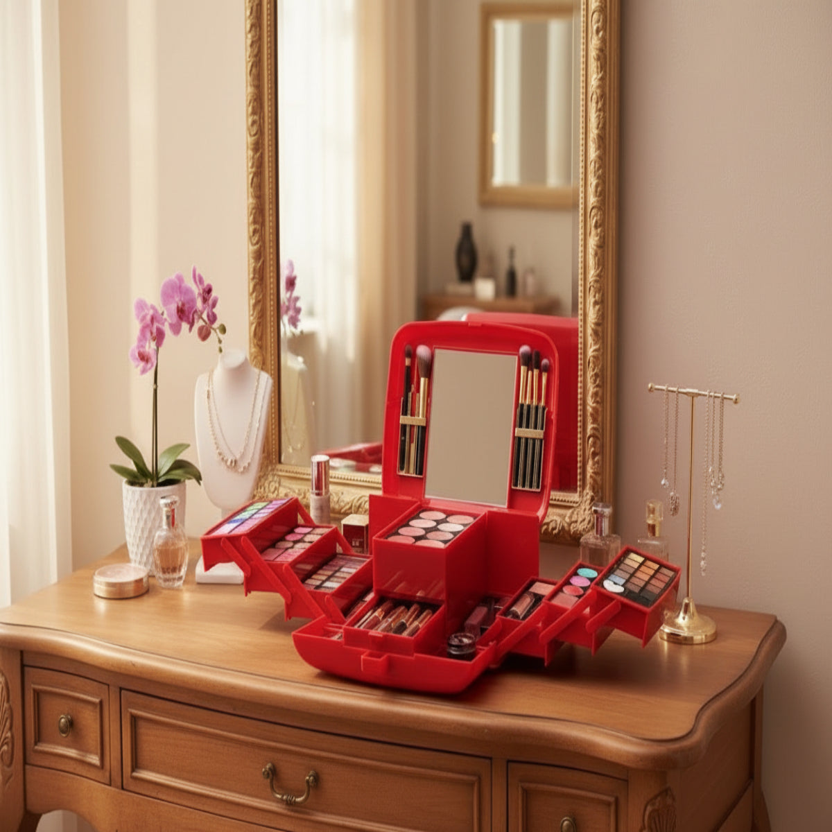 Red makeup organizer on a wooden dresser with various makeup items and a mirror in the background.