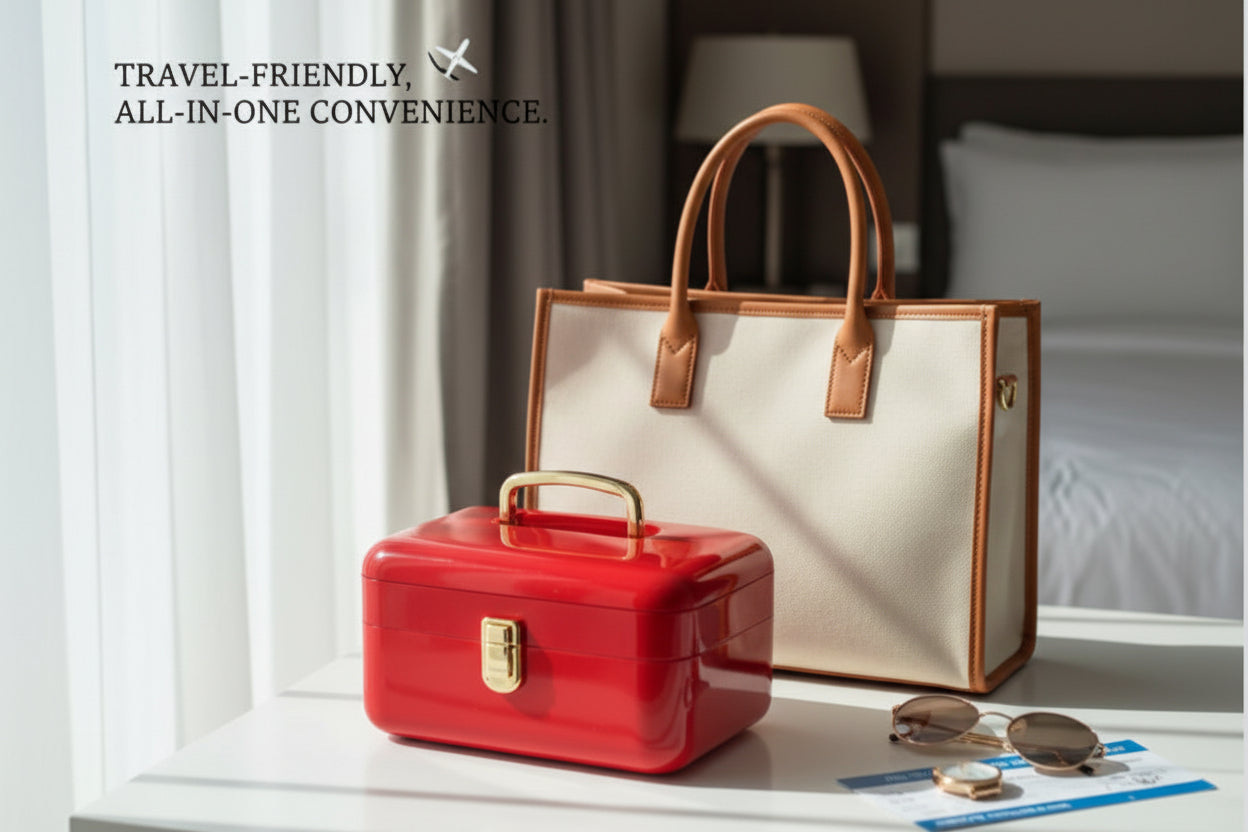 Red travel case and beige tote bag on a surface with 'Travel-Friendly. All-in-One Convenience' text.