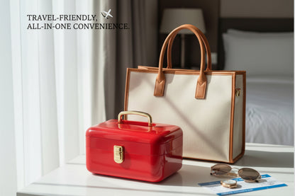 Red travel case and beige tote bag on a surface with 'Travel-Friendly. All-in-One Convenience' text.