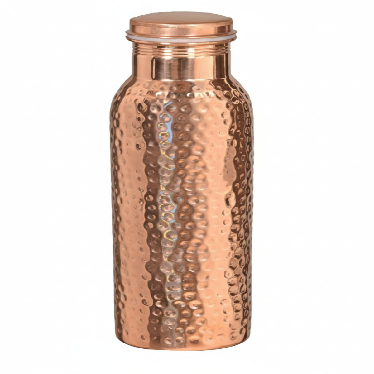 Copper water bottle with a textured surface on a white background