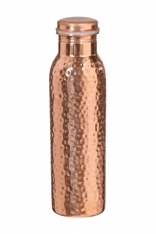 Copper water bottle with a textured surface on a white background