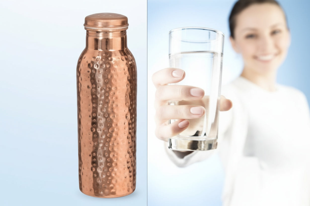 Copper water bottle with a person holding a glass of water in the background