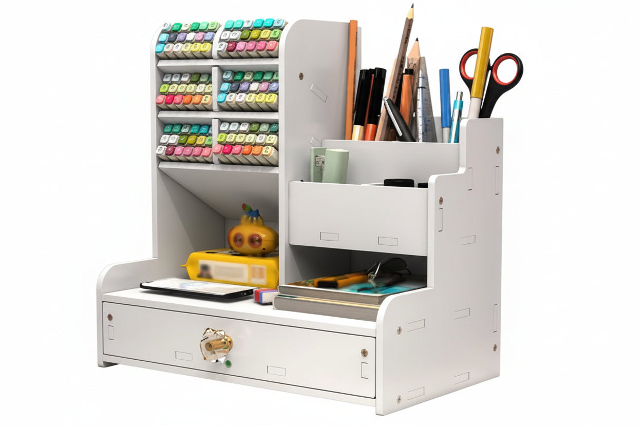 White desk organizer with stationery items including pens, markers, and a small plant.