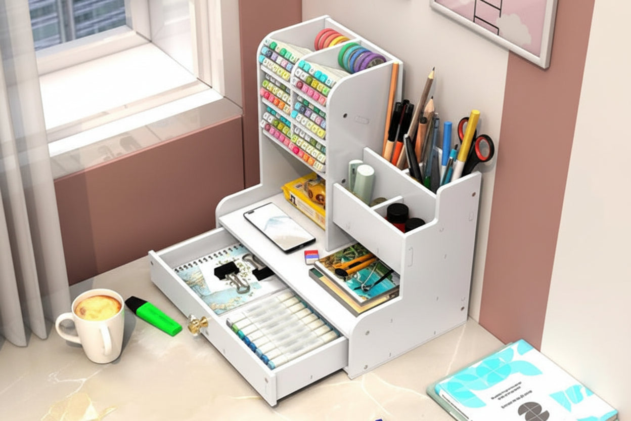 White desk organizer with stationery items on a desk near a window.
