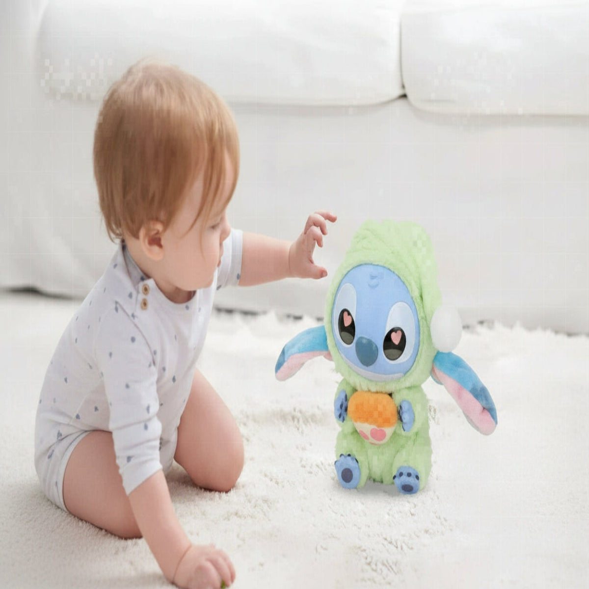 Child playing with a plush toy resembling a character from a cartoon on a white floor.