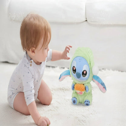 Child playing with a plush toy resembling a character from a cartoon on a white floor.