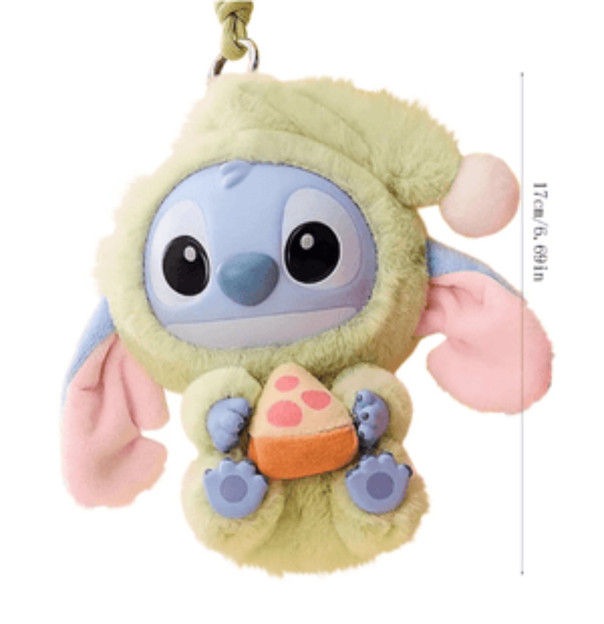 Plush toy keychain of a cartoon character with a size measurement on the right.