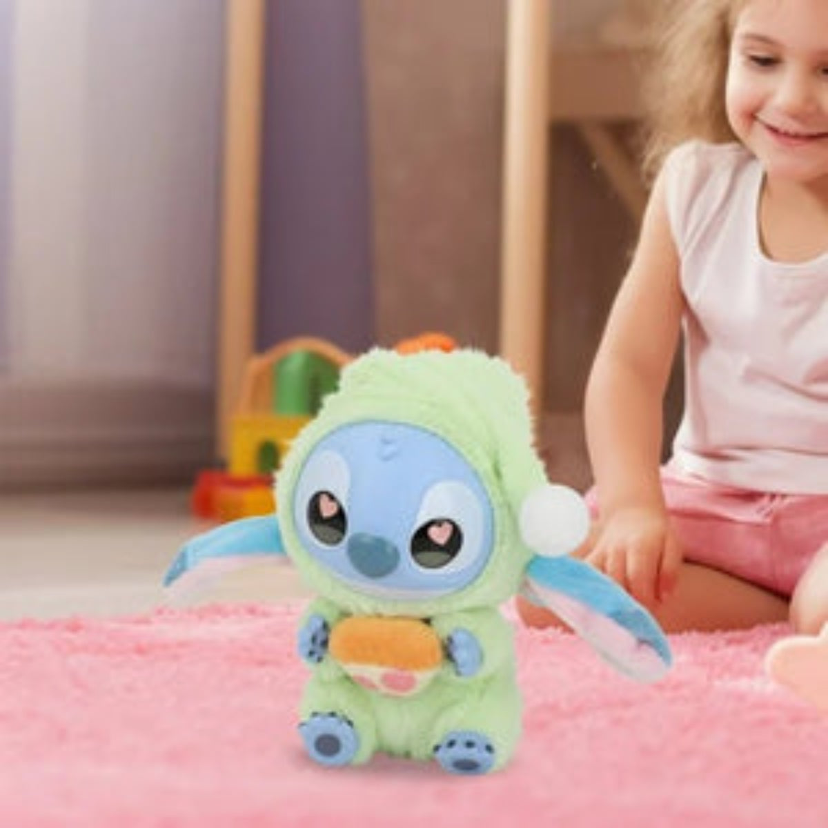 Child playing with a plush toy resembling a character from a popular animated series on a pink carpet.
