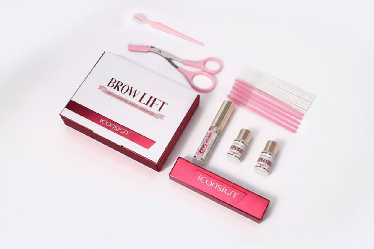 Brow lifting kit with tools and products on a white background
