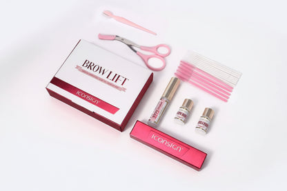 Brow lifting kit with tools and products on a white background