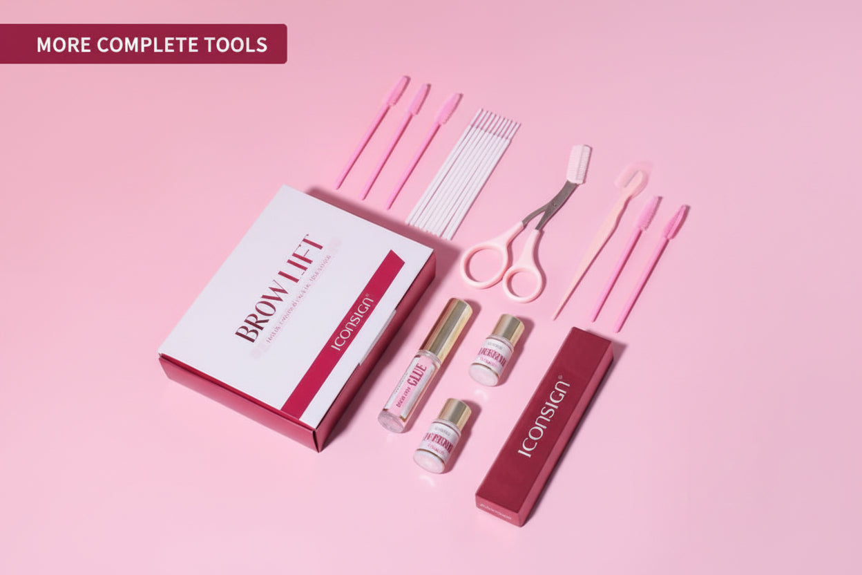 Set of beauty tools including a box, scissors, and applicators on a pink background