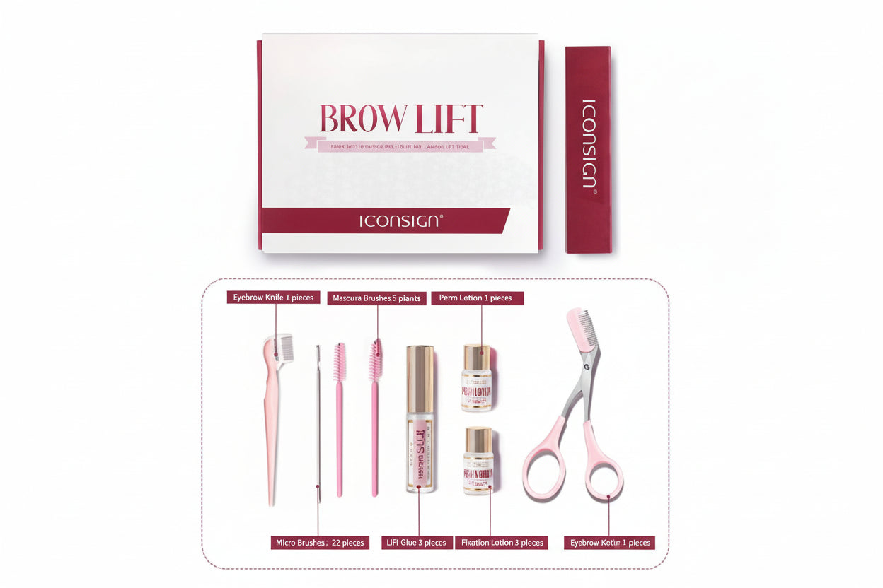 Iconskin Brow Lift kit with various beauty tools on a white background