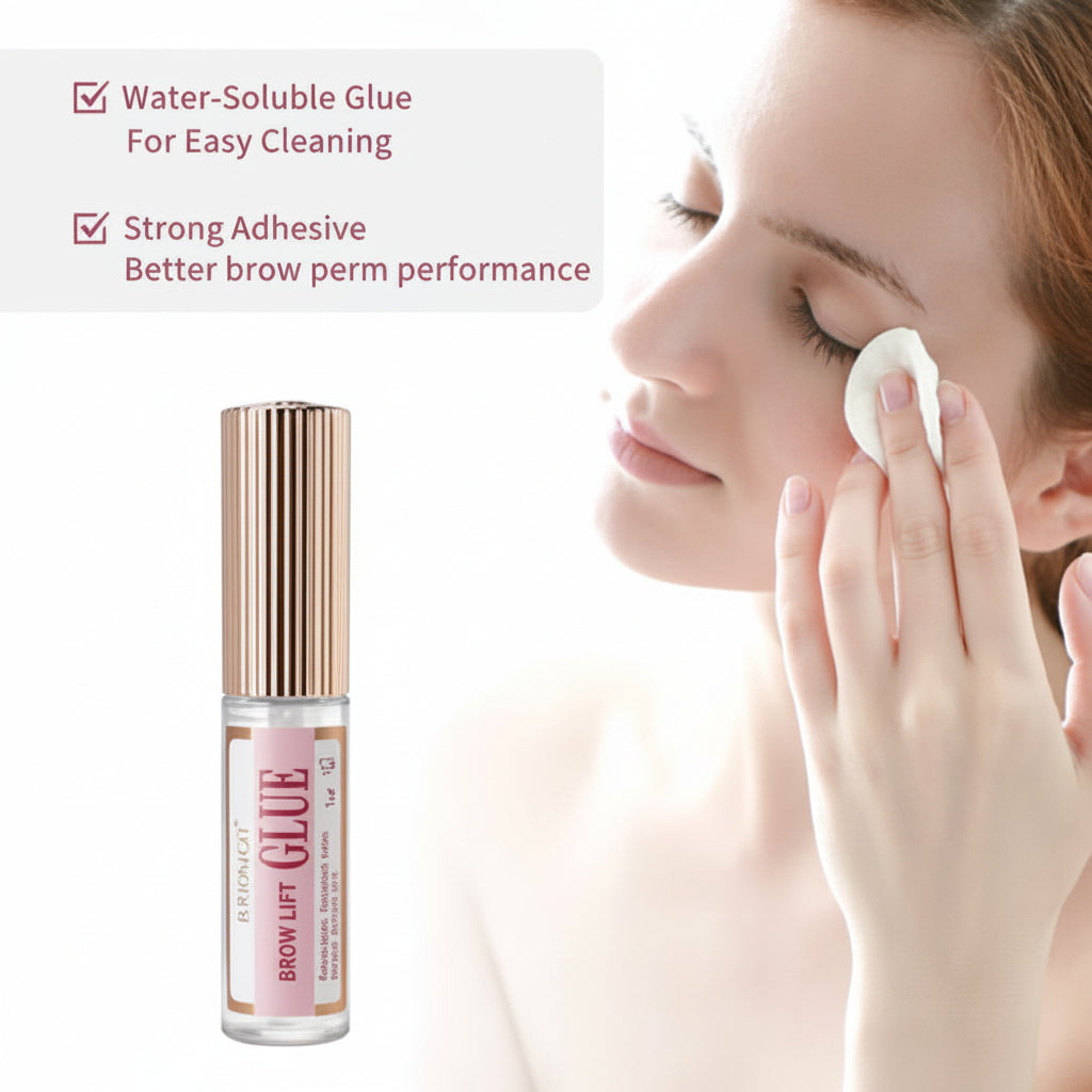 Bottle of brow lift glue with a woman applying it to her face.