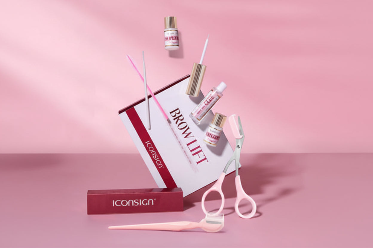 Iconsign brow care product set on a pink background