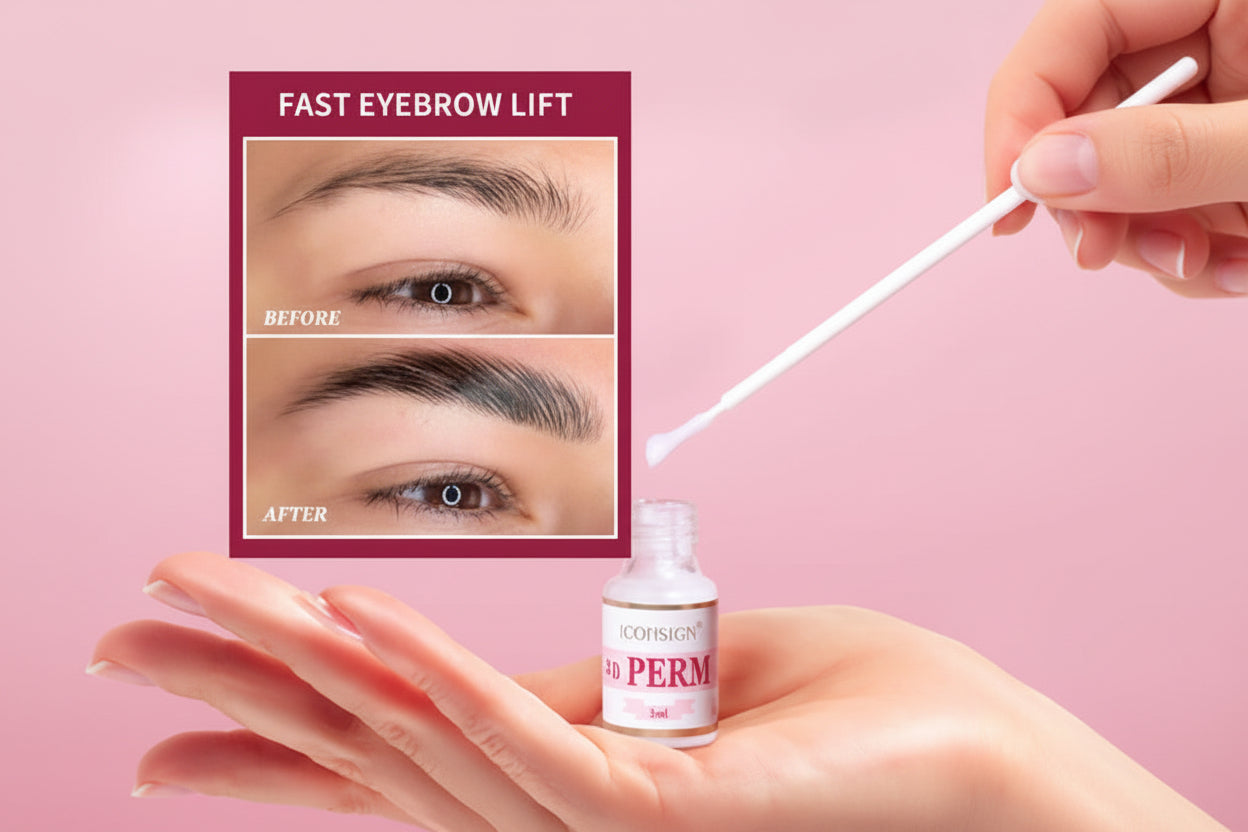 Product packaging with a dropper and 'Fast Eyebrow Lift' before and after comparison on a pink background.