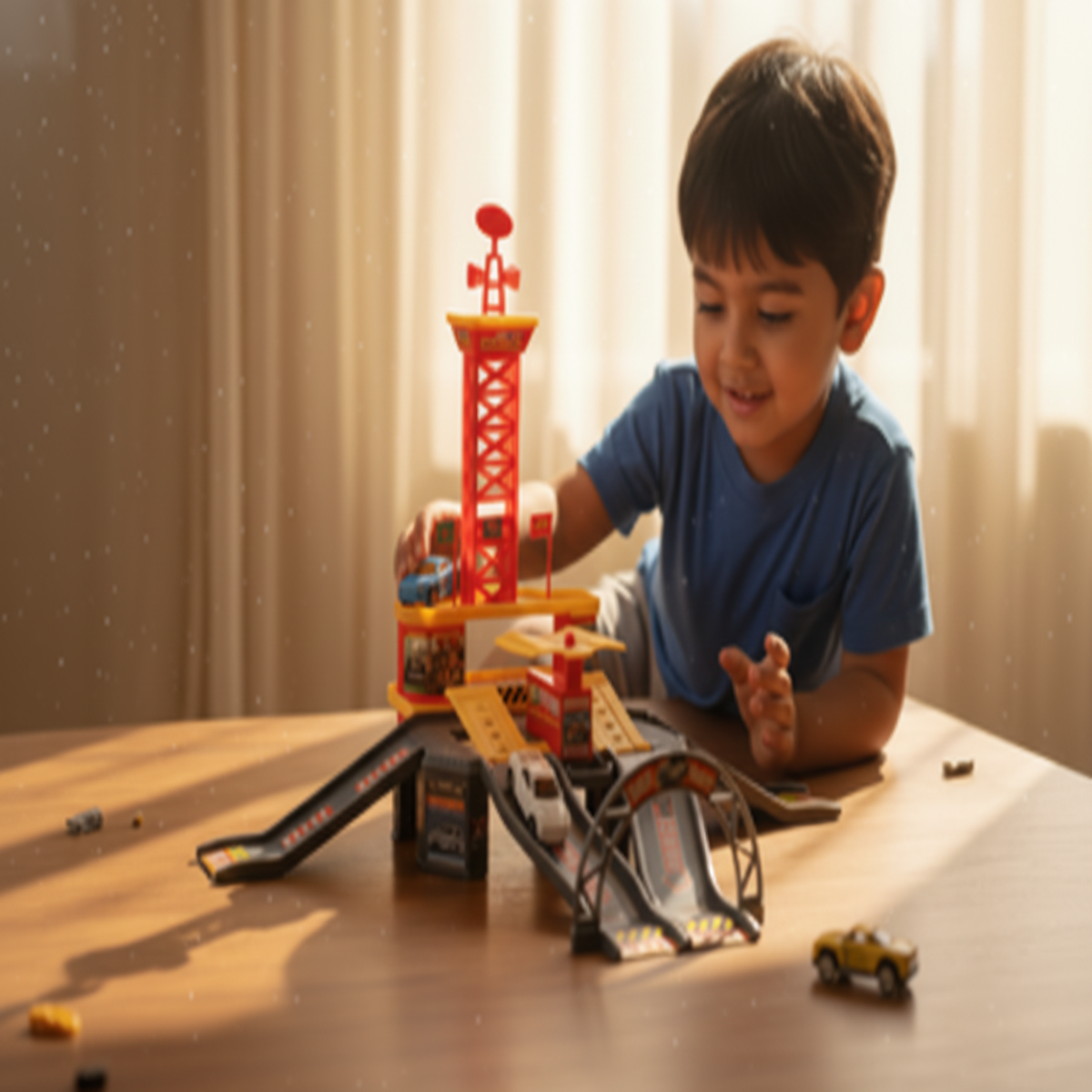 Child playing with toy cars and a red tower on a wooden table.