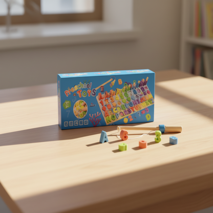 Colorful educational toy set with letters and numbers on a wooden surface, featuring a 'Preschool Toys' box.