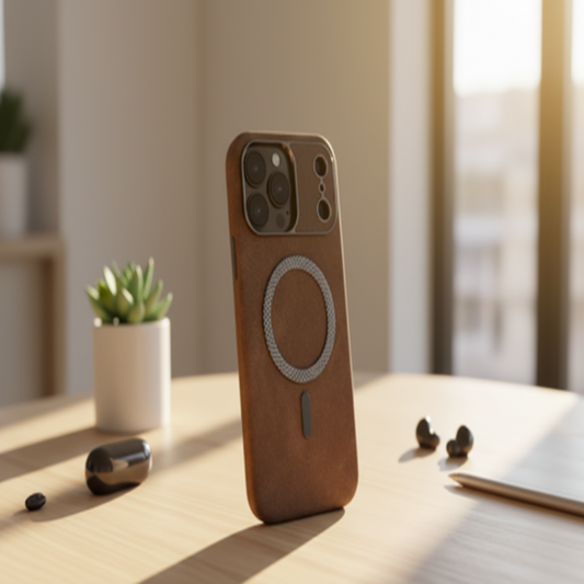 Phone case with magnetic charging pad on a desk with a plant and earbuds in the background