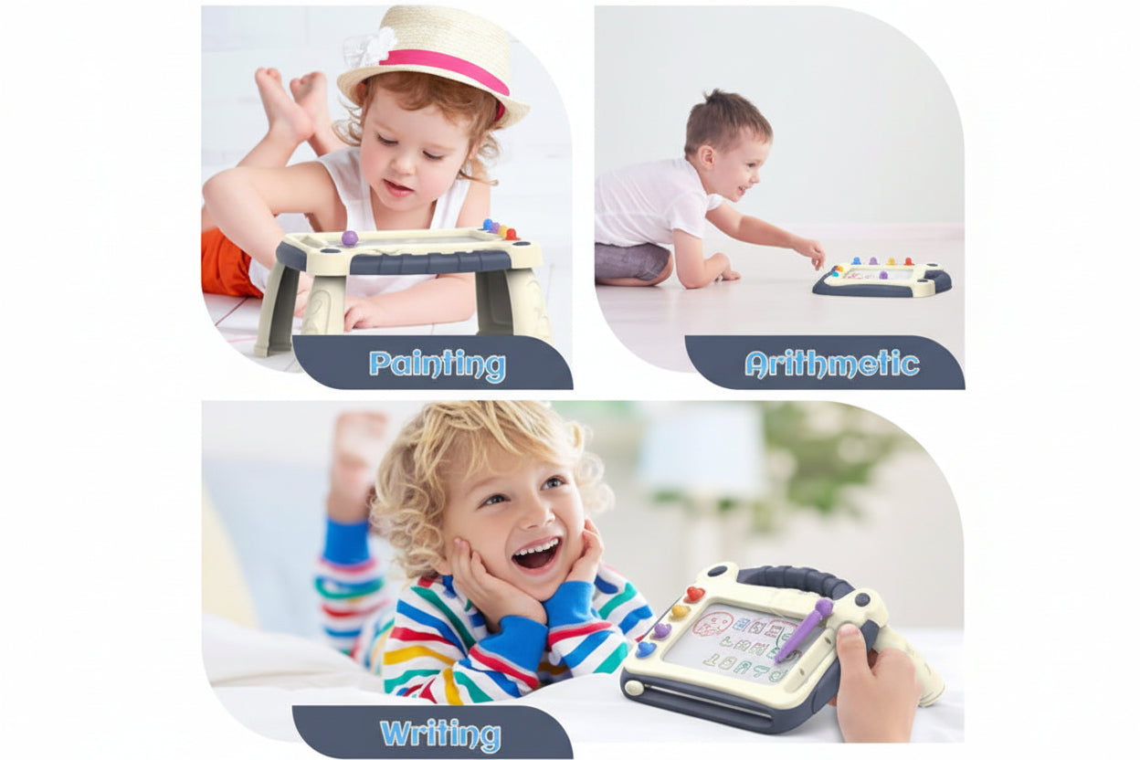 Children using a educational toy for painting, arithmetic, and writing.