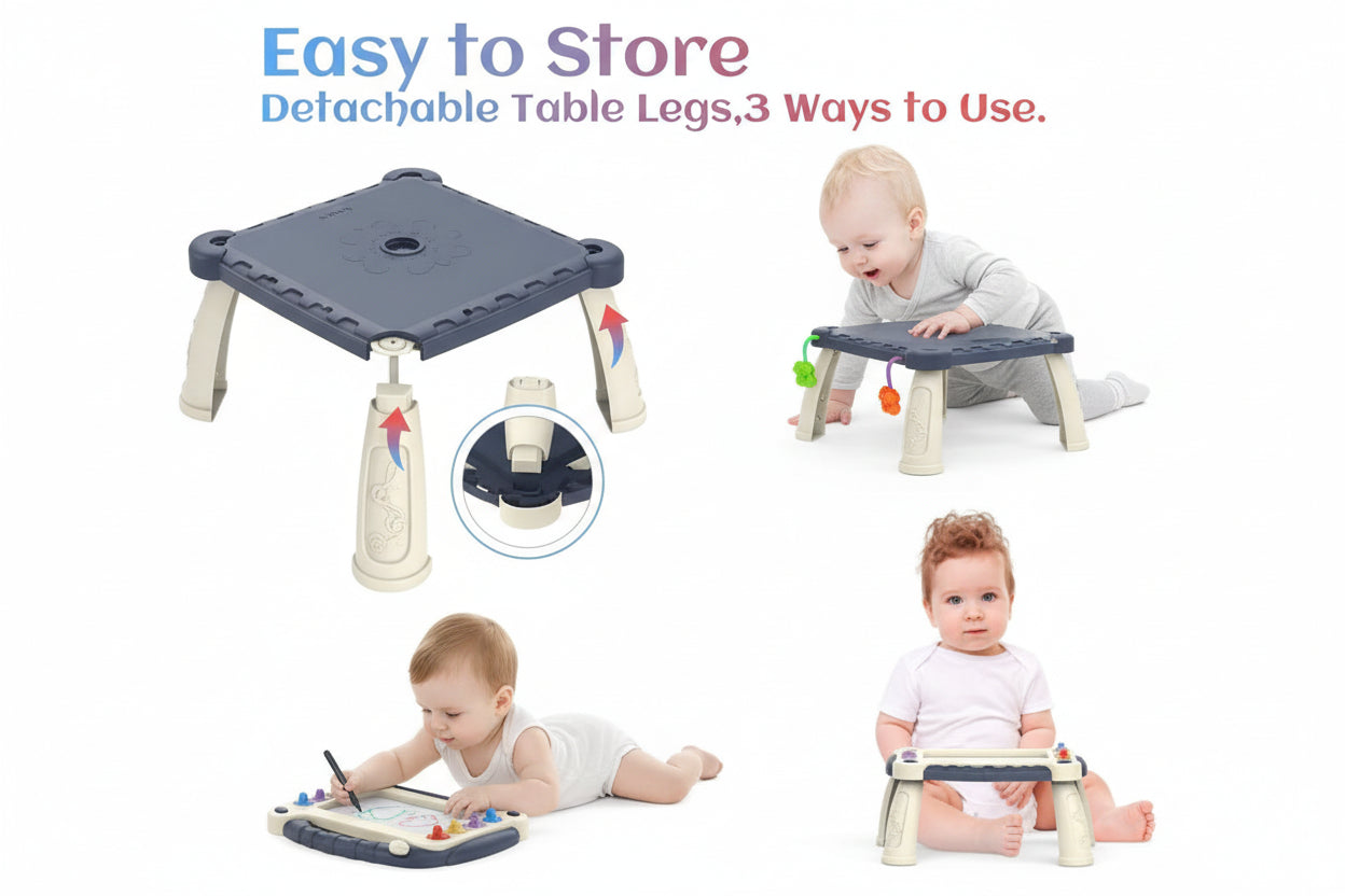 Children using a detachable table with multiple legs in different positions, highlighting its versatility.