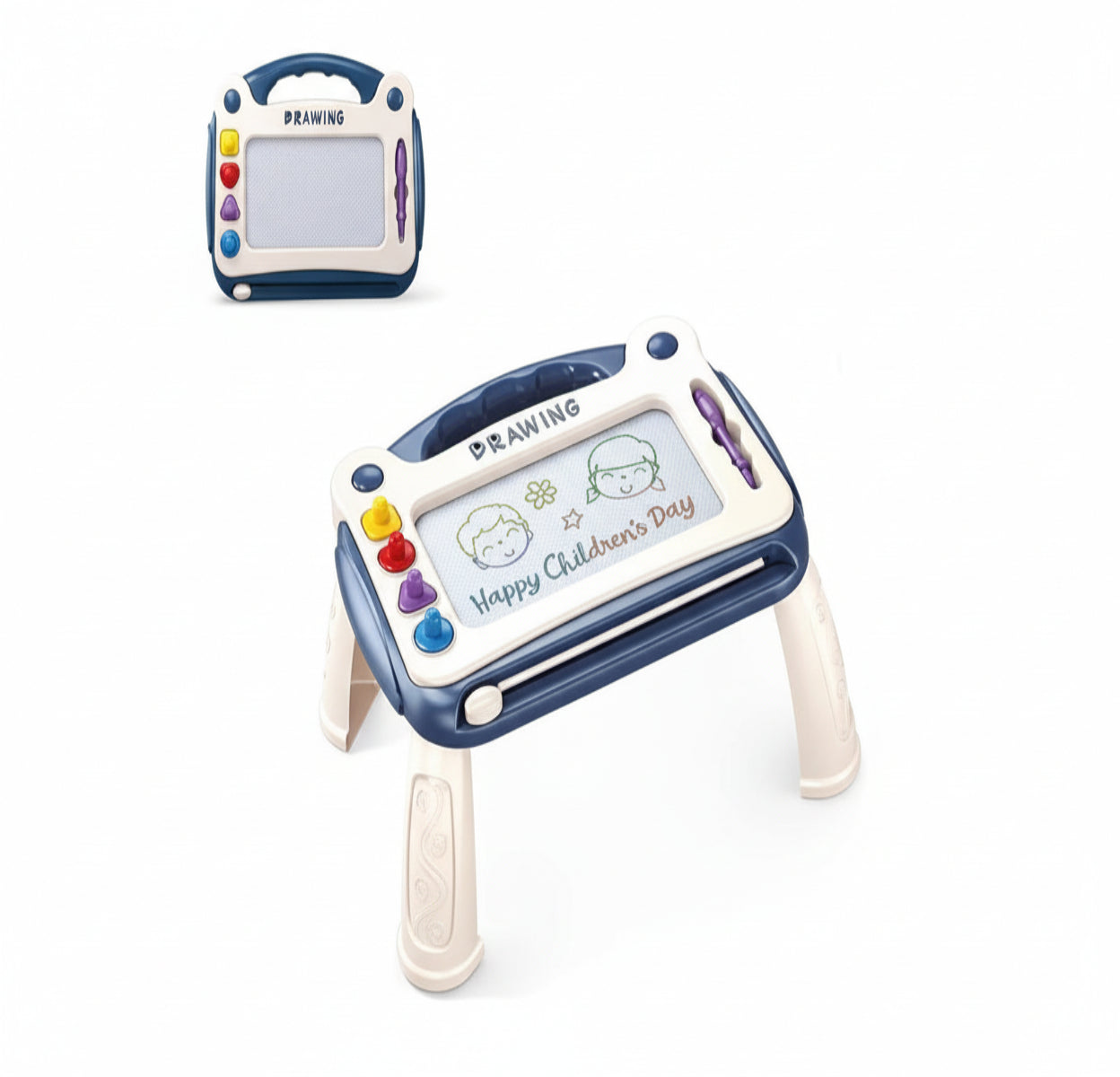 Children's drawing board with writing surface and colorful buttons, featuring a child's drawing of a family.