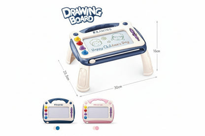 Toy drawing board with eraser and markers on a white background