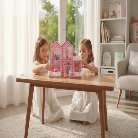 Two children playing with a pink dollhouse on a wooden table in a bright room.