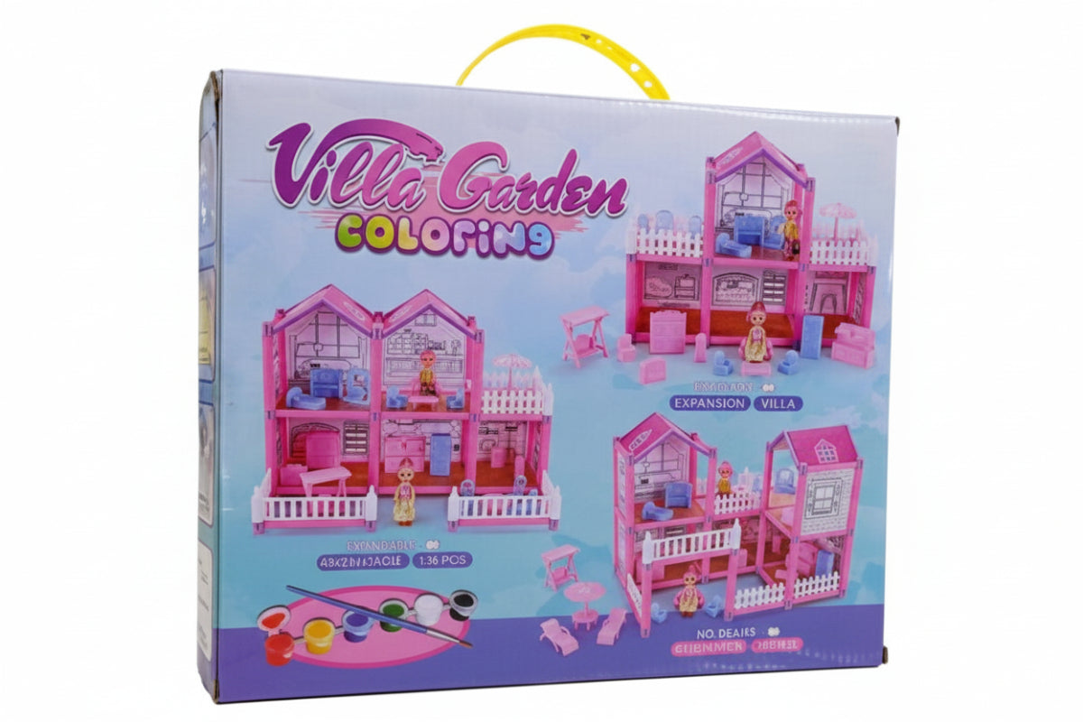 Villa Garden Coloring toy set packaging with a pink dollhouse and furniture on a white background