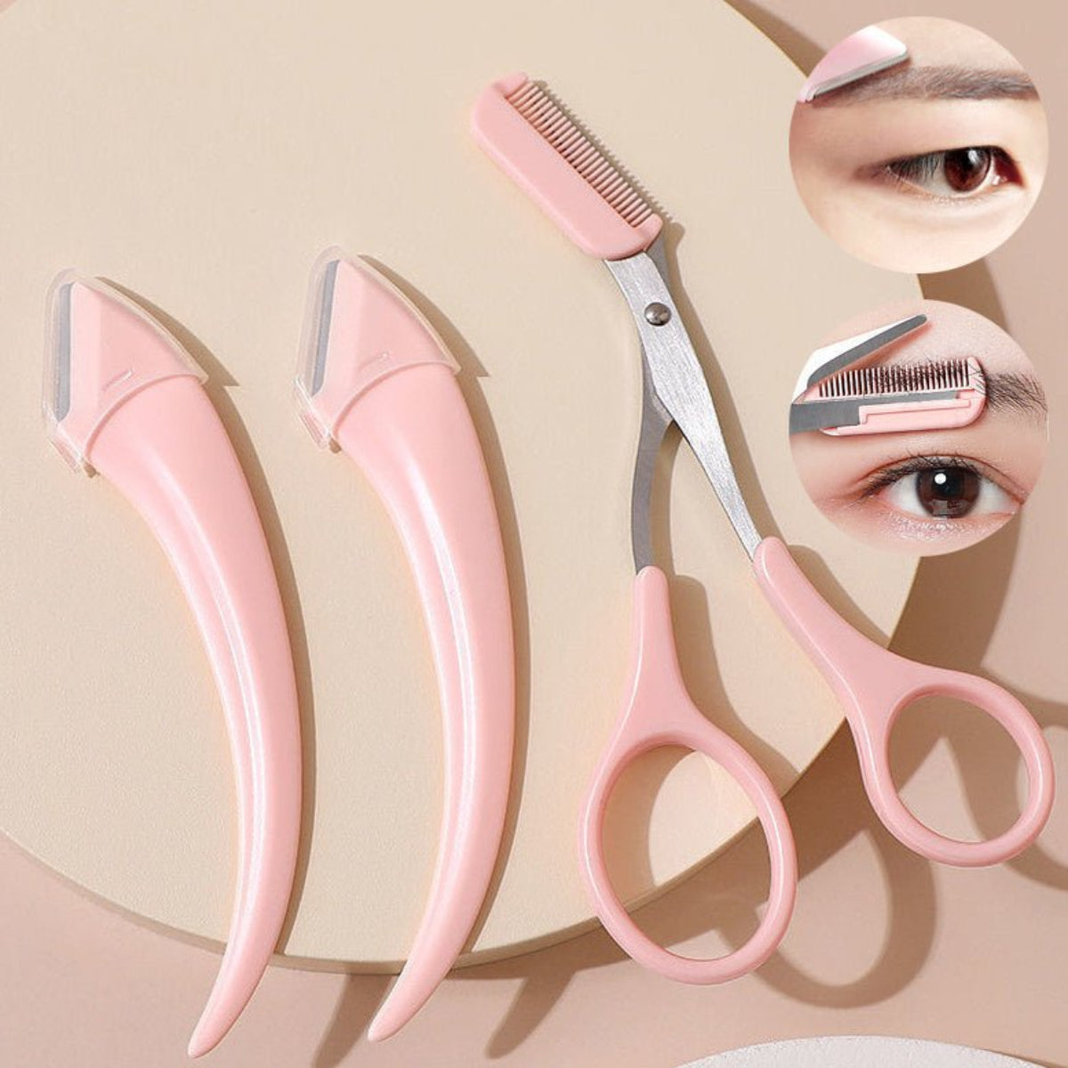 Pink eyebrow grooming set with scissors, comb, and razor on a beige background.