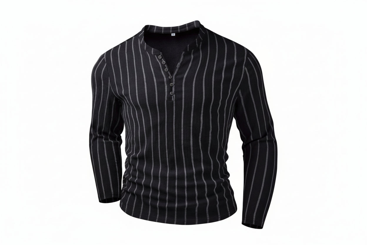 Black pinstripe long-sleeve shirt on a white background