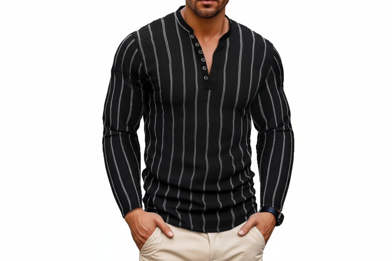 Man wearing a black pinstripe long-sleeve shirt on a white background