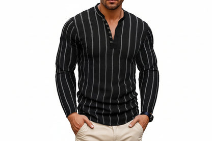 Man wearing a black pinstripe long-sleeve shirt on a white background