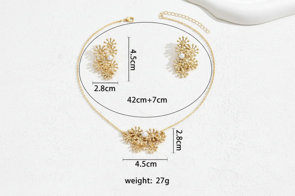 Gold jewelry set with necklace and earrings, including measurements and weight details.