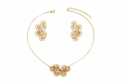 Gold necklace and earrings set on a white background